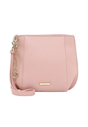 Pink textured leather crossbody bag with gold chain and logo charm, rectangular shape, and "Suri Frey" nameplate on front.