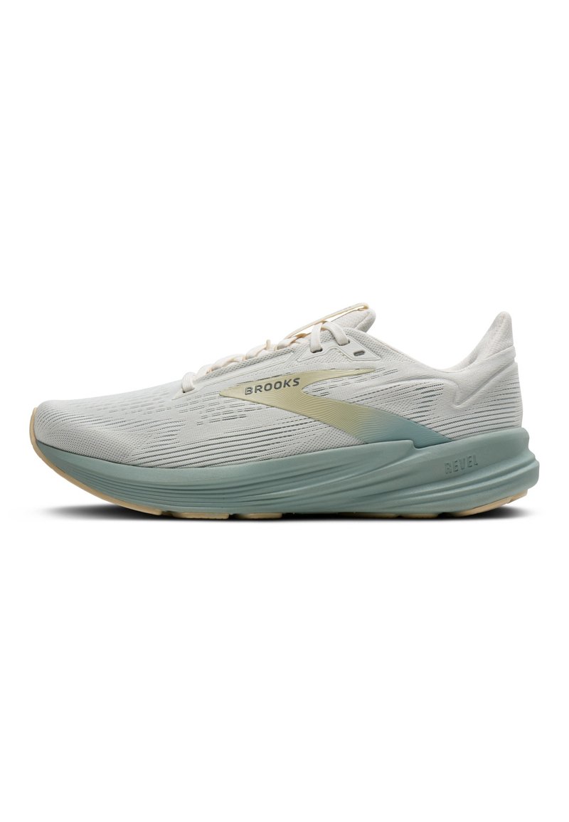 Chaussure de running Brooks Revel gris clair avec semelle intermédiaire turquoise, semelle extérieure beige et logo sur le côté, vue de profil droit sur fond blanc.
