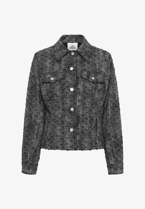 Gray textured jacket with a collared neck, silver button closures, and two front pockets. Fabric has a subtle pattern and uneven surface.