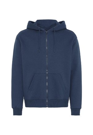 Navys Blouson mit Reißverschluss aus weichem Stoff. Verfügt über eine Kapuze mit Kordelzug, zwei vordere Taschen und gerippte Bündchen und Saum. Einfaches Design.