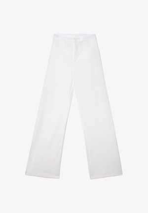 Pantaloni da donna bianchi a vita alta con gambe larghe, bottoni frontali, chiusura con zip e tasche laterali, mostrati distesi su uno sfondo bianco.