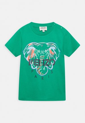 Grünes Kinder-T-Shirt mit farbenfrohem Elefantengrafik und "KENZO PARIS"-Schriftzug, ausgestattet mit Druckknöpfen an einer Schulter.