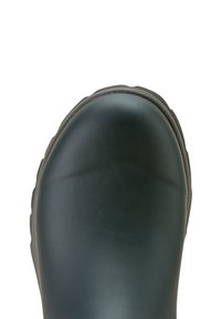Dark green waterproof boot with a smooth, glossy finish, rounded toe, and textured sole. Features a slight gray accent at the top edge.