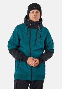 Giacca teal e nera con zip frontale, cappuccio regolabile e polsini elasticizzati. Presenta una stampa del logo e due tasche laterali con zip.