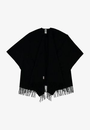 Poncho negro con apertura frontal, mangas anchas y borde con flecos, presentado plano sobre un fondo blanco.