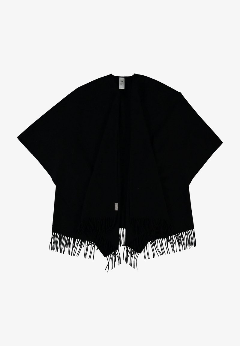 Poncho noir à ouverture frontale, manches larges et ourlet à franges, présenté à plat sur fond blanc.