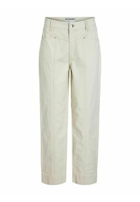 Pantalones cortos beige con cintura alta, que cuentan con costuras frontales y herrajes de botón de metal. Fabricados con un material resistente y una textura suave.
