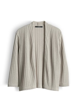 Cardigan en maille côtelée beige clair avec devant ouvert et manches longues, posé à plat sur un fond blanc.