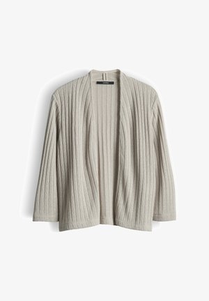 Cardigan en maille côtelée beige clair avec devant ouvert et manches longues, posé à plat sur un fond blanc.