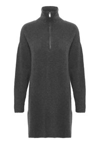 Dunkelgraues, gestricktes Kleid mit hohem Kragen und einem halbseitigen Reißverschluss. Besitzt lange Ärmel und einen lässigen Schnitt. Weicher Stoff.