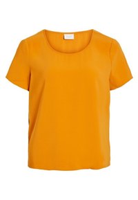 Short-sleeved, bright orange top with a scoop neckline, smooth texture, and relaxed fit. Simple design, no visible patterns or embellishments.