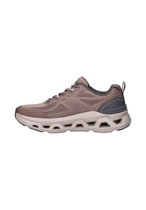 Light brown breathable mesh sneaker with thick white sole featuring geometric cutouts and dark gray accents on heel and laces.