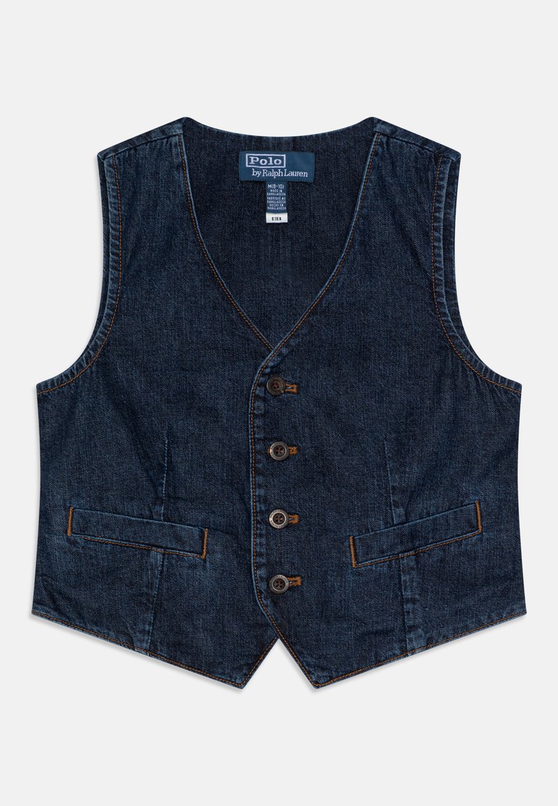 Denim suknja v temno modri barvi z V-izrezom, zapiranjem na pet gumbov, dvema sprednjima žepoma in kontrastnim šivanjem ob šivih.