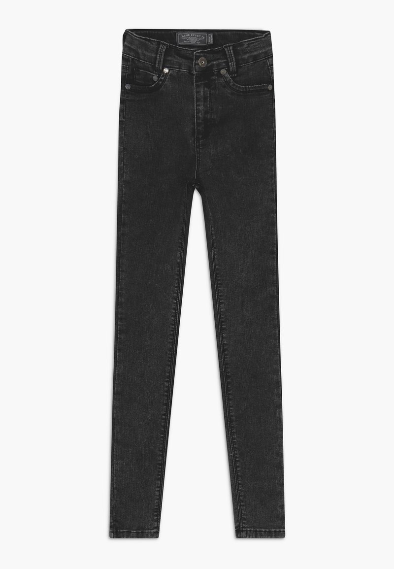 Jean skinny en denim noir avec une texture lisse, un design à cinq poches, un bouton et une fermeture éclair, et des détails de décoloration subtils.