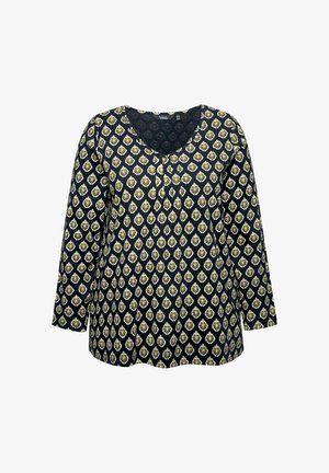 Dlouhý rukáv, námořnická modrá halenka se vzorem květin v zelené a bílé barvě. Vyrobena z měkké látky, s volným střihem a drobnými záhyby.