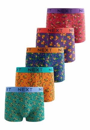 Five pairs of colorful men’s boxer briefs with cartoon animal and food patterns, each with a contrasting waistband labeled "NEXT."