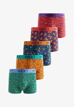 Five pairs of colorful men’s boxer briefs with cartoon animal and food patterns, each with a contrasting waistband labeled "NEXT."