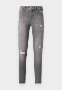 Jeans ajustados de mezclilla gris con desgarros desgastados en las rodillas, diseño de cinco bolsillos y dobladillo deshilachado. Cierre con botón de metal y cremallera.