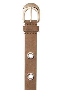 Brązowy segment paska zamszowego z okrągłą złotą klamrą i dwoma złotymi oczkami na białym tle.