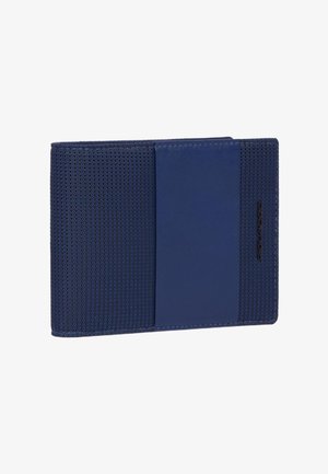 Blue textured bi-fold wallet with a smooth central strip and small embossed logo on the right side.