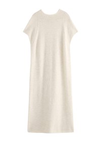 Cremefarvet, kortærmet, knælang strikkjole med rund halsudskæring og en simpel, let silhuet.