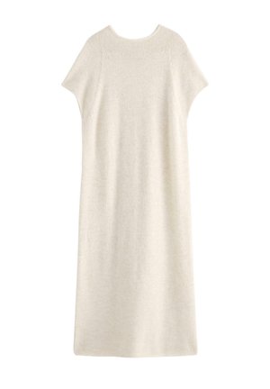 Abito in maglia crema, a maniche corte, lunghezza sino al ginocchio, con scollatura tonda e una silhouette semplice e fluida.