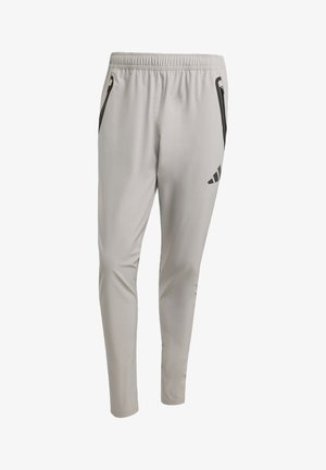 Light grey athletic pants with an elastic waistband, two side pockets with black zippers, and a black logo on the left leg.