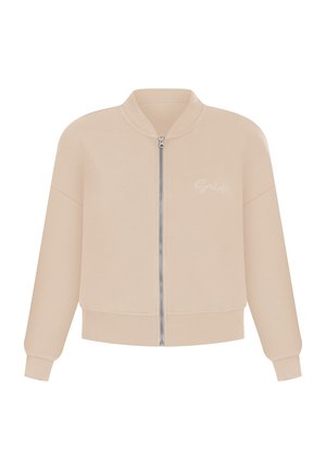 Beige Bomberjacke mit Reißverschluss und geripptem Kragen sowie Bündchen. Verfügt über ein kleines Logo in heller Farbe auf der linken Brust. Weicher Stoff.