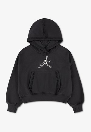 Sweat à capuche noir avec poche kangourou à l'avant et logo Jumpman blanc avec détails étoilés sur la poitrine, bords-côtes aux poignets et à la taille.