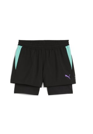 Černé sportovní šortky s elastickým pasem, které mají světle modré boční panely a fialové logo. Vnitřní vrstva je celá černá.