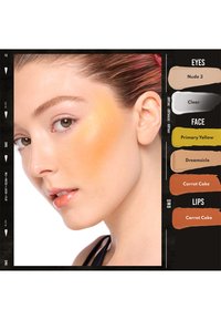 Donna con trucco giallo e arancione sulla guancia, labbra naturali e ombretto neutro; campioni di colore del trucco etichettati per area del viso.