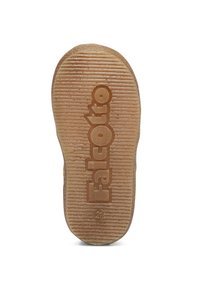 Soletta di scarpa in gomma marrone con scanalature testurizzate e logo "Falcotto" impresso, caratterizzata da bordi arrotondati e indicatore di taglia "21."