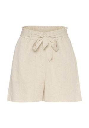 Pantalones cortos de lino beige con una cinturilla elástica alta, detalle de lazo en la parte frontal y bolsillos frontales planos. Textura suave y ajuste relajado.