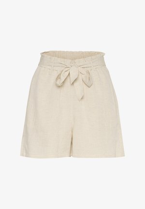 Beige linnen shorts met een hoge elastische tailleband, strikdetail aan de voorkant en platte steekzakken. Gladde textuur en een relaxte pasvorm.