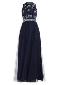 Granatowa sukienka wieczorowa z bezrękawowym krojem, haftowanym gorsetem i zwiewnym tiulowym dołem z dopasowaną talią.