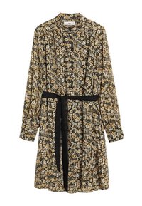 Robe noire à manches longues avec imprimé floral beige et blanc, boutonnée sur le devant, col et ceinture en tissu noir nouée à la taille.