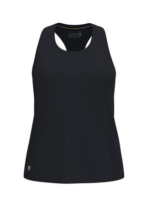 Czarny bezrękawnik sportowy z wycięciem typu racerback i subtelnymi teksturowanymi panelami bocznymi, rozmiar średni.