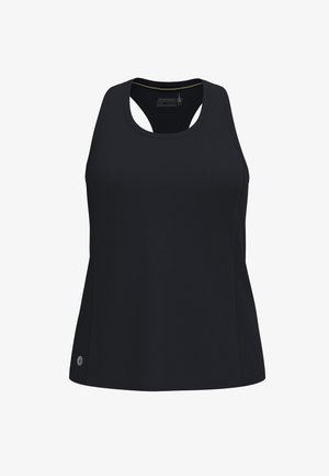 Czarny bezrękawnik sportowy z wycięciem typu racerback i subtelnymi teksturowanymi panelami bocznymi, rozmiar średni.