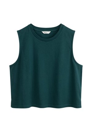 Haut court sans manches vert foncé avec encolure ronde et une petite fente latérale, taille indiquée : moyen.