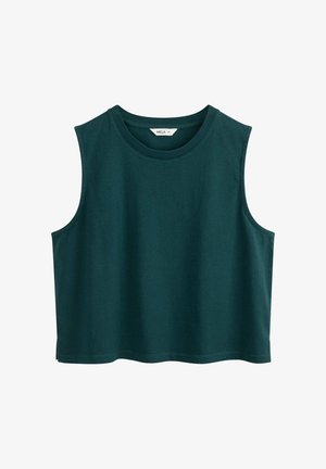 Mouwloos donkergroen cropped tanktop met ronde halslijn en een kleine zijsplit, gelabeld maat medium.
