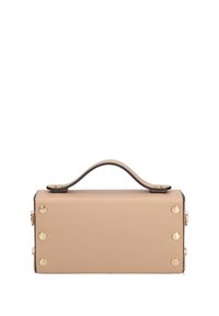 Borsa rettangolare in pelle beige con texture liscia, bordi neri e dettagli in metallo dorato. Presenta una maniglia superiore per il trasporto.
