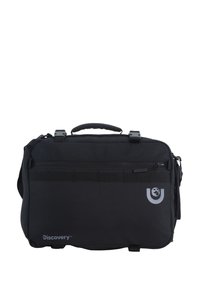 Bolso mensajero negro fabricado con un tejido duradero, con un asa superior, correa ajustable y un bolsillo con cremallera en la parte frontal. Presenta un logo en gris.
