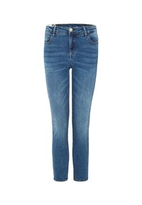 Modré džíny skinny s předním zapínáním na knoflík, poutky na opasek a designem s pěti kapsami, zobrazené na bílém pozadí.