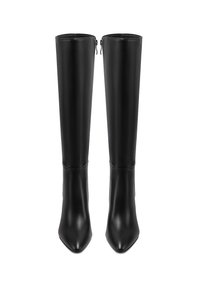 Botas de cuero negras hasta la rodilla con puntera afilada, textura suave y cierre de cremallera lateral. Diseño simple y elegante sin patrones ni acentos.