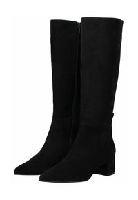 Botas de ante negras hasta la rodilla con punta afilada y tacón bloque. Cuentan con una cremallera lateral para facilitar su colocación y tienen una textura suave.