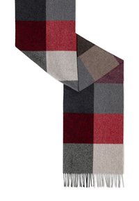 Wool scarf featuring a patchwork design with red, grey, and cream squares, finished with black fringes at the ends. Soft texture.