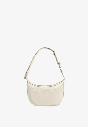 Beige olkalaukku, joka on valmistettu sileästä nahasta, ja siinä on kaareva muoto, vetoketjusuljenta ja etutasku, jossa on hienovarainen kohokuvioitu brändilogo.