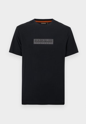 Tricou negru din bumbac, cu decolteu rotund, mâneci scurte și un imprimeu texturat gri cu logo pe partea din față. Finisaj neted, fără modele.