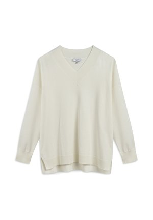 V-neck, long-sleeve sweater in off-white, made of soft fabric with a relaxed fit. Features ribbed cuffs and hem, side slits for added comfort.