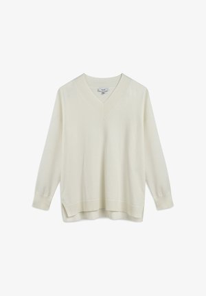 Svetr s výstřihem do V a dlouhým rukávem v off-white, vyrobený z měkké tkaniny s volným střihe. Disponuje žebrovanými manžetami a spodním lemem, bočními rozparky pro větší pohodlí.